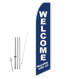 Welcome Worship with Us (Dark Blue) Super Novo Feather Swooper Flag Banner - Complete with 15ft Pole Set and Ground Spike