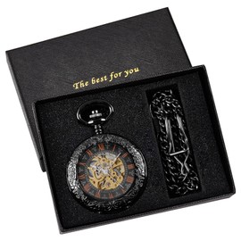 Whodoit Simple Black Hollow Transparent Cover Design Mechanical Pocket Watch, Men's FOB Chain Roman Digital Steampunk Mechanical Pocket Watches for Men-Black