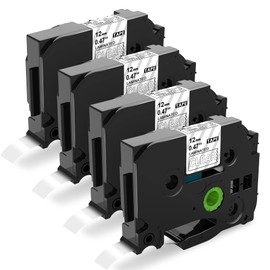 PTouch Tape White on Clear Replacement for Brother TZe-135 TZe135 12mm 0.47 Laminated TZ Tape, Compatible with Brother Label Maker PT-D210 PT-H100 PTD400AD PT1880 PT1290 PT1830, 4 Pack