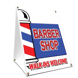 A-Frame Sidewalk Barber Shop Walk-ins Welcome Sign with Graphics On Each Side | 18" X 24" Print Size