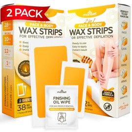 Wax Strips 76 Count – 56 Body Strips, 20 for Face and 24 Finish Wipes – Body and Facial Hair Removal for Women and Men – Hair Remover Wax Kit for Upper Lip, Legs, Underarms – 2 Pack
