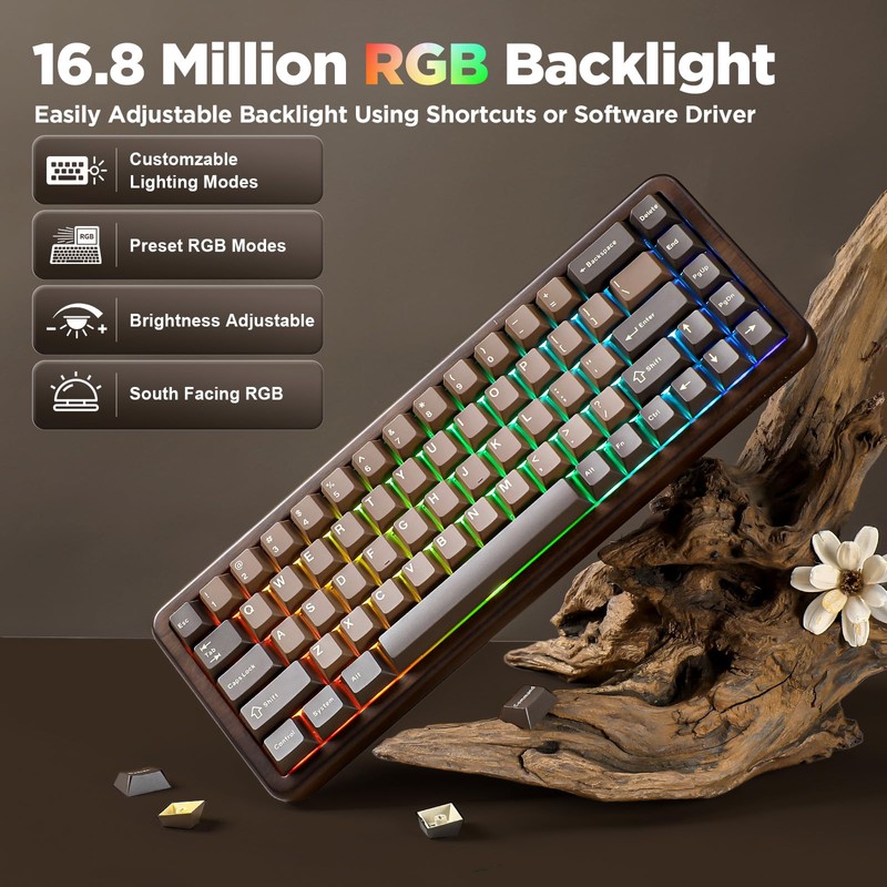 YUNZII WOOD68 65% Wireless Hot Swap RGB Mechanical Keyboard (Wood,
