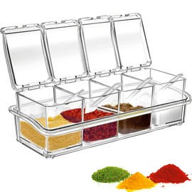 Storawo Clear Seasoning Box Set, 4 PCS Acrylic Seasoning Rack Seasoning Storage Container Condiment Jar Spice Box Spice Jar Spice Pot Spice Rack with Spoon & Lid & Tray for Salt Pepper Sugar