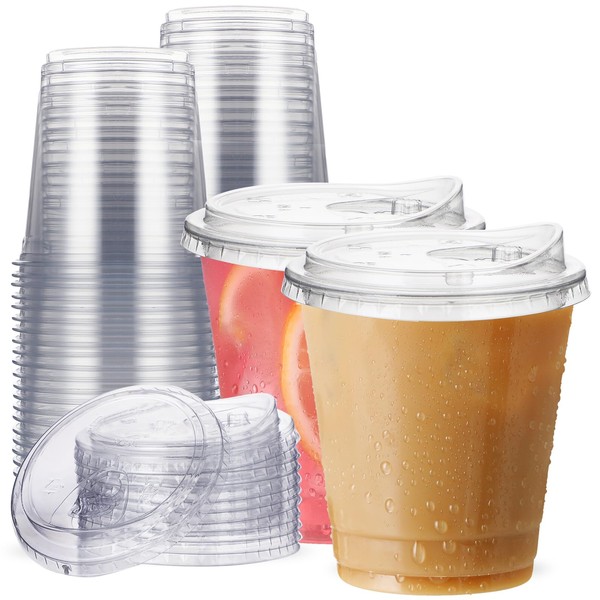 12 oz Clear Plastic Cups with Strawless-Sip-Lids, 25 Sets Disposable