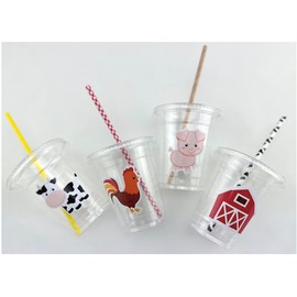 Farm Party Cups, Barnyard Birthday Supplies, Plastic Disposable Cups with Lids and Paper Straws, Set of 12