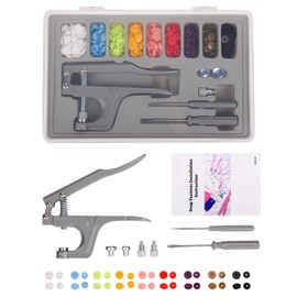 Plastic Snap Fastener Kit with Plier Screwdriver Awl and Storage Case, 100 Sets Snaps, 9 Colors T5 Buttons, 12mm Cap. Snap Plier for T3(10mm), T5(12mm), T8(15mm) Buttons, Grey