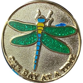 Dragonfly Green Glitter One Day At A Time Serenity Prayer Medallion Chip