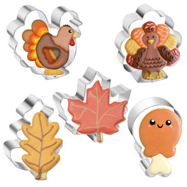 Thanksgiving Cookie Cutters, 5 Piece Fall Cookie Cutter Set, Holiday Cookie Cutters Includes Turkey, Front Facing Turkey, Chicken Leg, Maple Leaf, Oak Leaf Cookie Cutter, Stainless Steel