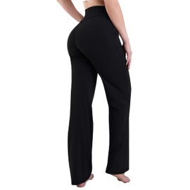 Sunzel Women's High Waist Wide Leg Yoga Pants with Pockets Stretchy Loose Lounge Workout Casual Straight Leg Pants 32" Black Small
