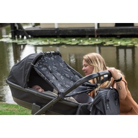 Dooky - Sun Protection for Prams, Buggies and Baby Car Seat - Black with Leaves - Awning Weather Protection, Rain Cover Pram, Sun Protection, Parasol - Cotton - L x W x H = 26 x 3 x 18 cm
