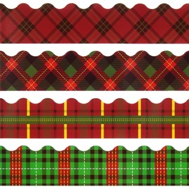 96 Feet Christmas Bulletin Board Borders Buffalo Plaid Scalloped Border Trims Xmas Classroom Borders Plaid Bulletin Board Decorations for Holiday School Classroom Office Wall Party Decor,4 Styles