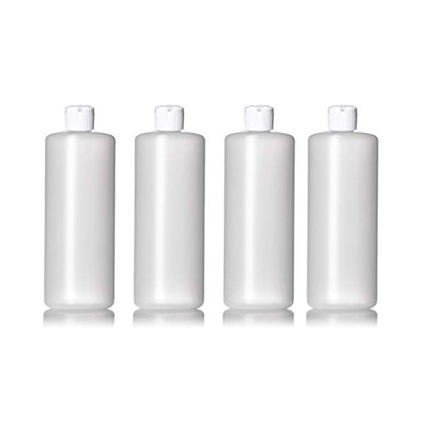 Grand Parfums 32 Oz HDPE Plastic Bottles with Squeeze Top Flip Up Dispensing Cap (4 Count) Reusable Cylinder Containers