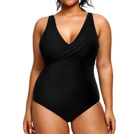 Yonique Traje de baño de una pieza de talla grande para mujer, traje de baño adelgazante con control de abdomen, Negro -, 22 Plus