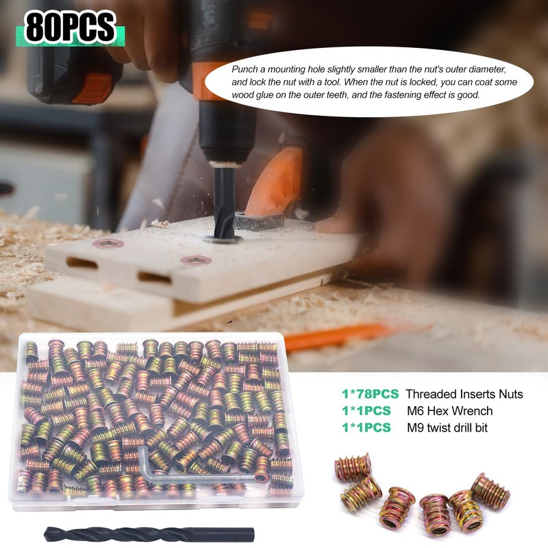 Twidec/80PCS 1/4"-20 Threaded Inserts for Wood Furniture Screw-in Nut Wood