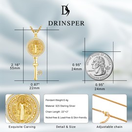 DRINSPER St Benedict Medals Necklace Patron Saint Medalla De San Benito 925 Sterling Silver San Benito Medalla Crucifix Key Pendant Religious Amulet Jewelry Gifts for Men Women,Gold