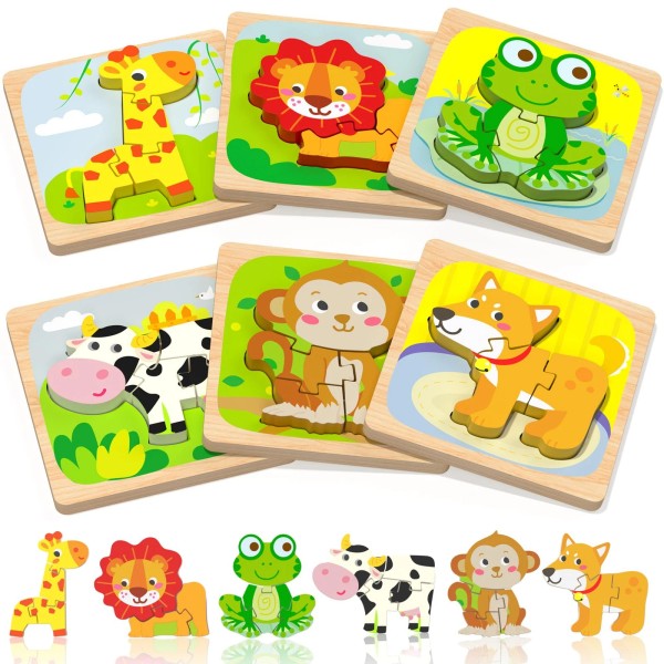 Benresive Wooden Toddler Puzzles, 6pcs Animal Montessori Toys for 1-3
