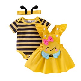 Baby Girl Clothes 3-6 Months Summer Outfit Striped Romper Suspender Skirt Ruffle Short Sleeve Cute Bee Cartoon Bow Headband Infant Set Yellow 3-6 Months