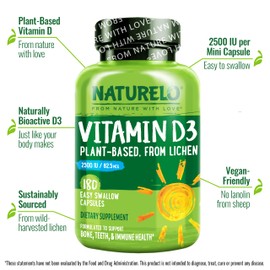 NATURELO Vitamin D - 2500 IU - Plant Based from Lichen - Natural D3 Supplement for Immune System, Bone Support, Joint Health - Vegan - Non-GMO - Gluten Free - 180 Capsules (Pack of 2)