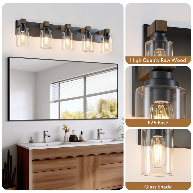 Farmhouse Bathroom Vanity Light Fixtures, Rustic 5-Light Wood Vanity Lights