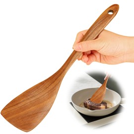 Flat Wood Spatula, EOHASA 12 inch Non Toxic Wooden Spatula for Cooking, Handcrafted Teak Wood Curved Turner Spurtle for Non Stick Pan, Safe Long Handle Cooking Utensils - Scraper for Kitchen Use