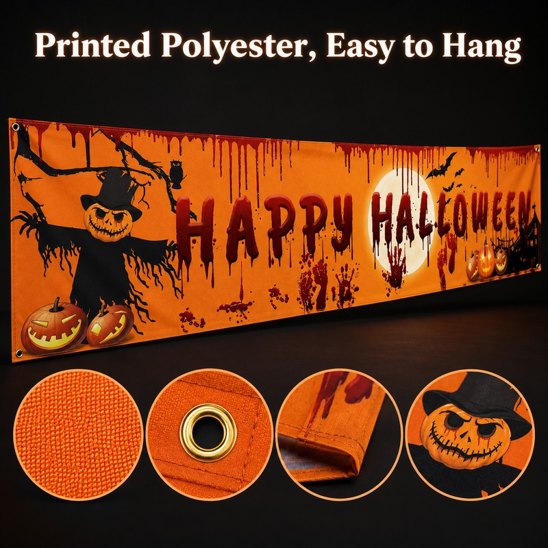 Happy Halloween Hanging Banner – 250cm Pumpkin and Bloody Handprint