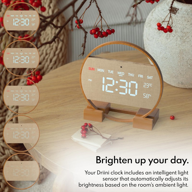 Driini Modern Large Digital Wall Clock - Bamboo Wood with