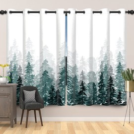 Renaiss Watercolor Forest Decorative Window Curtains Green Forest Pine Trees Window Treatments Nature Landscape Blackout Drapes for Kitchen Bedroom Living Room Decoration 53x63 Inches x 2 Panels