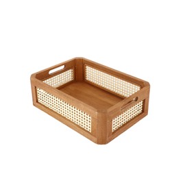 YAHUAN Pine Wood Bamboo Woven Frame Square Storage Basket Low - Natural Material Handmade Multi-Purpose Storage Basket (Large)