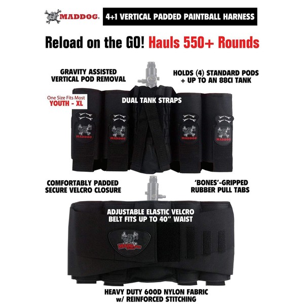 Maddog 4+1 Vertical Paintball Harness Pod Holder Belts -Holds 4 Paintball Pods and up to 88ci Tank