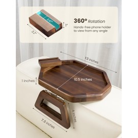 Tinamo Octagonal Acacia Sofa Arm Tray, Couch Armrest Table with Folding Arms - Armchair Caddy, Clip on Tray with Adjustable Arm Hinges for Home Sofa Living Room (Walnut, Octagon Phone Holder)