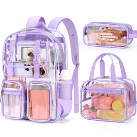 Fimibuke Clear Backpack for Girls - 3 PCS Heavy Duty Kids Clear Bags Schoolbag Large Transparent PVC Bookbag with Lunch Box Pencil Case Set for Travel School Concert Stadium Events Backpacks