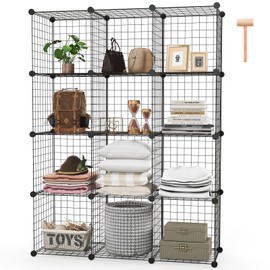 NAFORT Wire Cube Storage System, DIY Metal Grid Cube Storage Organizer with Durable Frame, Sturdy Connectors, 12-Cube Modular Grid Shelves for Books, Potted Plants, Bags, Shoes, Clothes & Coats