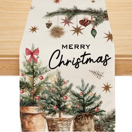 Christmas Table Runner, Xmas Trees Merry Christmas Runner for Table Holly Pine Cone Seasonal Winter New Year Holiday Home Party Decor Festival Decorations 13x48 Inch