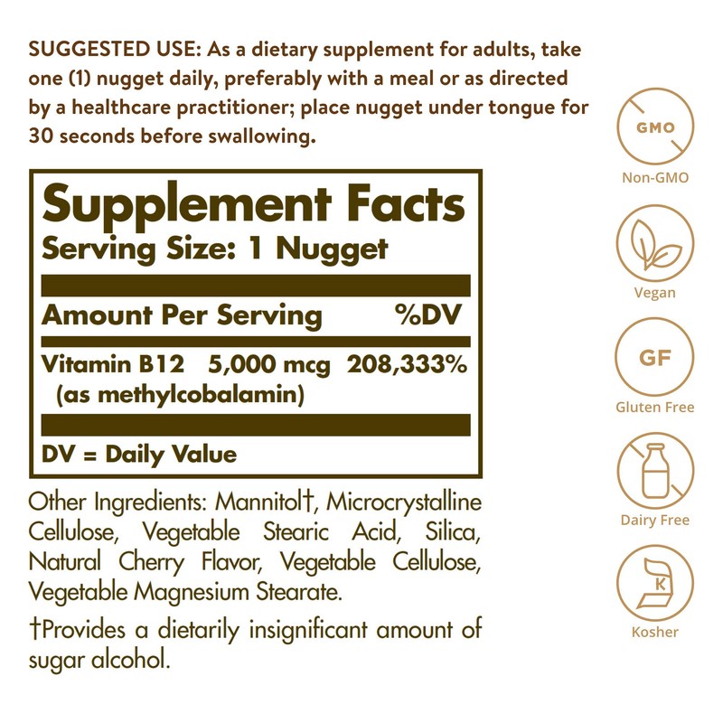Solgar Methylcobalamin (Vitamin B12) 5000 mcg, 60 Nuggets - Cherry