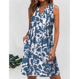 HOTOUCH Women's Loose Pleated Dress with Pockets Summer Cotton Sundresses Women Casual Tshirt Dress Sleeveless Shift Dresses White-Blue Medium