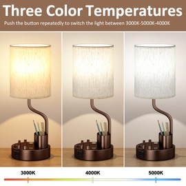 Bedside Table Lamps for Bedroom Set of 2 - Nightstand Lamp with AC Outlet Charging Port and USB A C, 3 Color Temperatures, Included Phone Holder & Pen Holder, Brown Night Stand Lamps for Guest Room