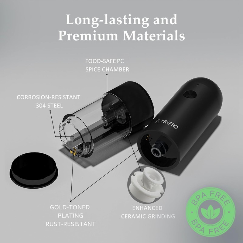 TLYSXPRO Electric Pepper Grinder, USB Rechargeable, Automatic Pepper Shaker, Adjustable