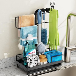 GSlife Sink Caddy Kitchen Sink Organizer - Large Sponge Holder for Kitchen Countertop with Hooks for Dish Brush Gloves, Dish Cloth Hanger, Rustproof Kitchen Caddy with Drip Tray, Black