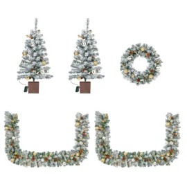 Pre-Lit 4 Piece Holiday Christmas Set Warm White LED Lights Set of 2 Entrance Trees with Wreath and Garlanddefault: default title