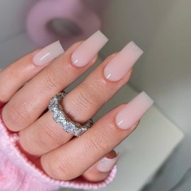 KQueenest Acrylic Press on Nails Long Square, Dusty Pink False Nails Long Medium Coffin, Glossy Natural Solid Color Fake Nails Set, Reusable Gel Stick on Nail for Women Finger Daily Wear 24 Pcs