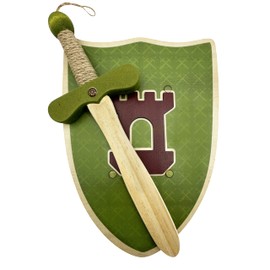 Medieval Wooden Shield and Sword with Relief - Boys and Girls - For Children Medieval Costume, Knight Costume, Birthday Gift, Play Accessories, Imitation Games, Wooden Toy (Green, 30 cm)
