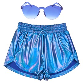 Perfashion - Pantalones cortos metálicos para mujer, para verano, con brillantez y calor, Colorido Azul#11, X-Small