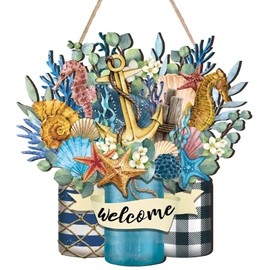 Welcome Summer Sign Ocean Beach Wooden Hanging Wreath Decor Ornament Wood Farmhouse Beach Starfish Door Decor Beach Theme Hanger for Front Door Porch Home Wall Window Indoor Outdoor Decorations