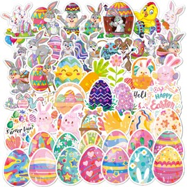 VARACL 50PCS Easter Stickers for Kids, 2025 New Holography Shiny Eggs Bunny Rabbits Basket Sticker for Easter Party Decorations,Waterproof Vinyl Stickers for Water Bottles Laptop Skateboard Decor