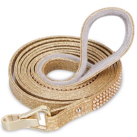 PetsHome Dog Leash, Pet Leash, [Bling Rhinestones] Premium PU Leather Durable and Soft 5 FT Leash for Control Safety Training, Walking Lead for Small to Medium Dogs Gold