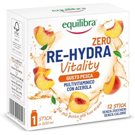 Equilibra Re-Hydra Vitality Zero Zuccheri, Insaporitore Acqua Senza Zucchero, Multivitaminico con Acerola, Vitamina C, Vitamine Gruppo B, Azione di Sostegno e Ricostituente, Gusto Pesca, 12 Stick