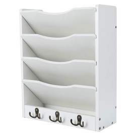PAG 5-Tier Wall File Holder Hanging Mail Organizer Wood Magazine Literature Rack with 6 Hooks, White