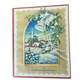 Unused Christmas Snow Village Bells Winter Vintage Greeting Card 1940s 1950s