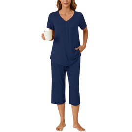 Bestbee Ladies Pyjamas Set Plus Size, 2 Piece Nightwear Set V Neck Short Sleeve Capri Pant With Pockets Ladies Pjs Set, XL, Navy Blue
