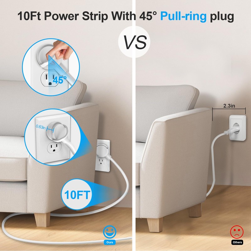 10FT Long Surge Protector Power Strip-with 3 Widely Outlets and